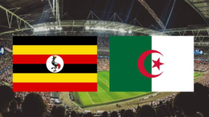 Drapeaux de l'Algérie et de l'Ouganda lors d'un match de football.