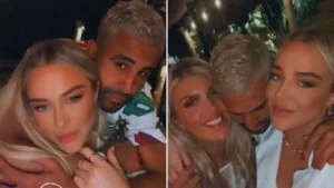 Riyad Mahrez enterre ses déboires et se livre à une nouvelle passion savoureuse Riyad Mahrez entouré de deux femmes souriantes lors d'une soirée.