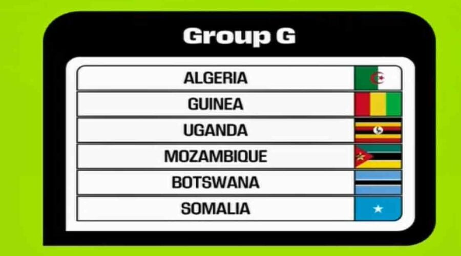 Tableau du Groupe G avec Algérie, Guinée, Ouganda, Mozambique, Botswana, Somalie.