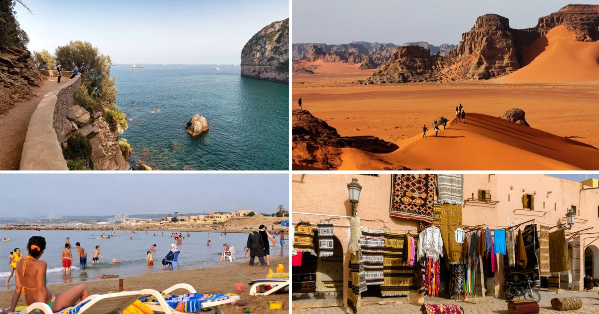 Paysages divers en Algérie: mer, désert, plage et marché traditionnel.