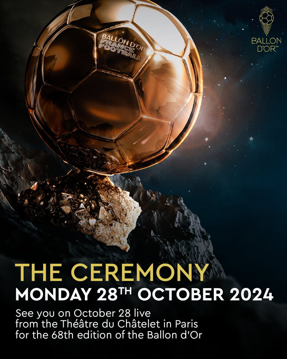 Ballon d'Or 2024 en or brillant avec fond étoilé et montagne.