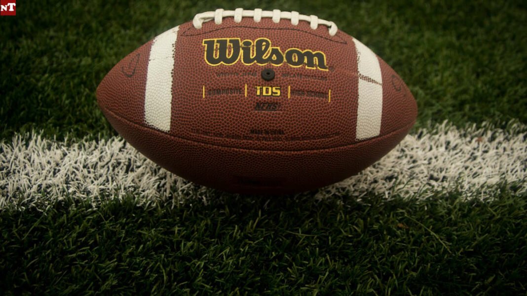 Ballon de rugby Wilson sur terrain en herbe.