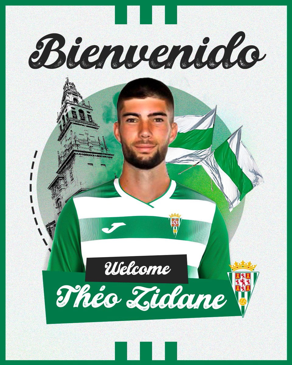 Théo Zidane en maillot vert avec drapeau et logo du club.