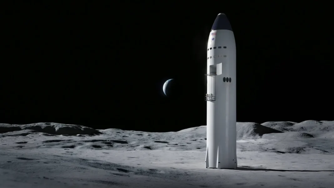 Fusée en lancement sur la surface lunaire avec la Terre en arrière-plan.