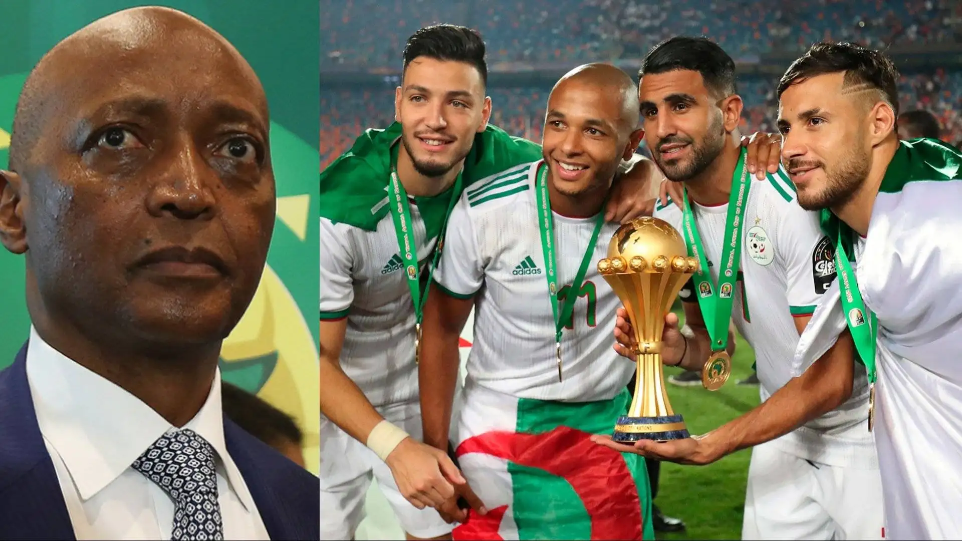 Équipe algérienne de football célébrant leur victoire avec un trophée.