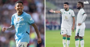 Savinho et Riyad Mahrez lors d'un match de football.