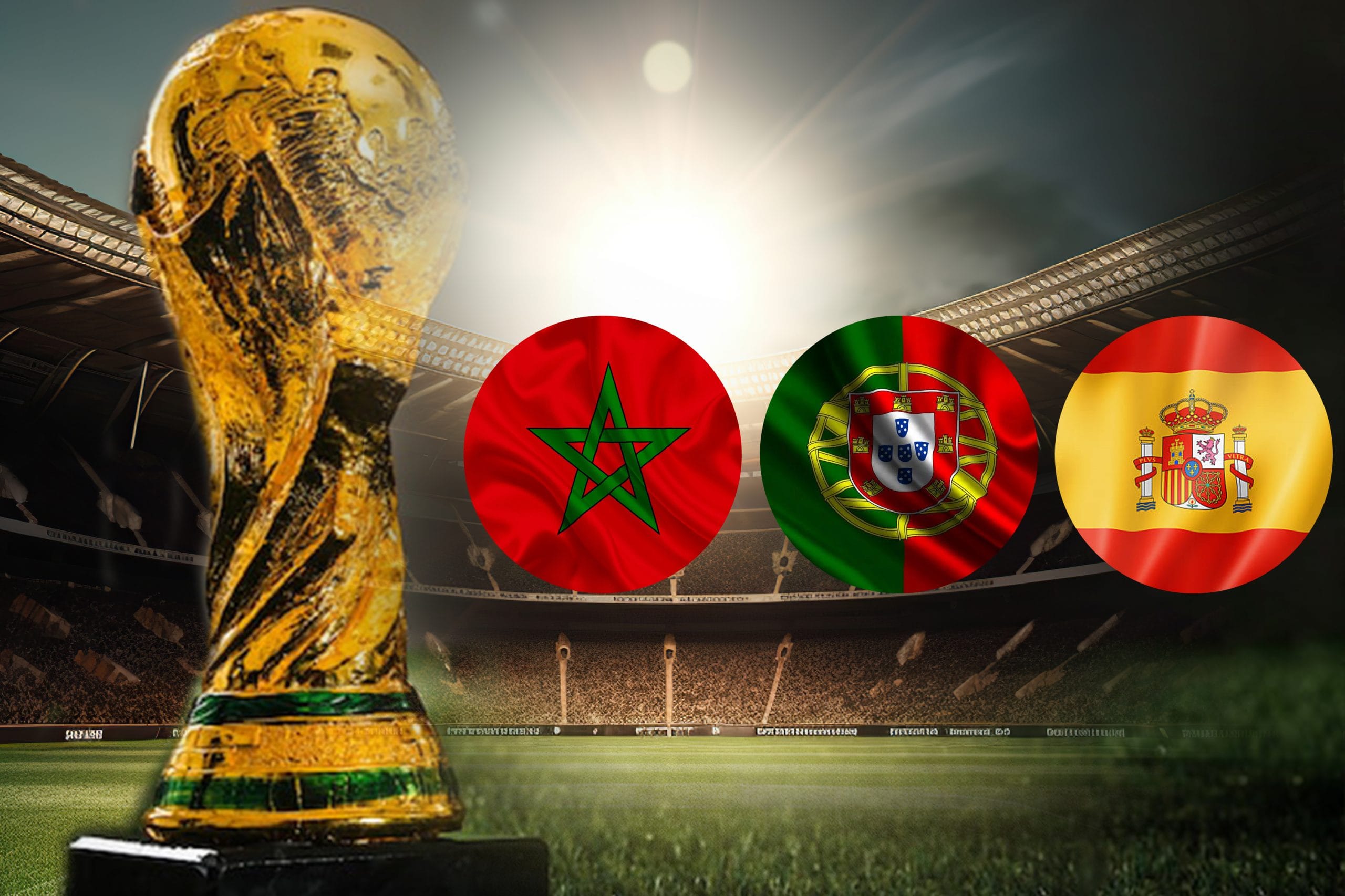 Trophée de la Coupe du Monde 2030 avec drapeaux du Maroc, Portugal, Espagne.