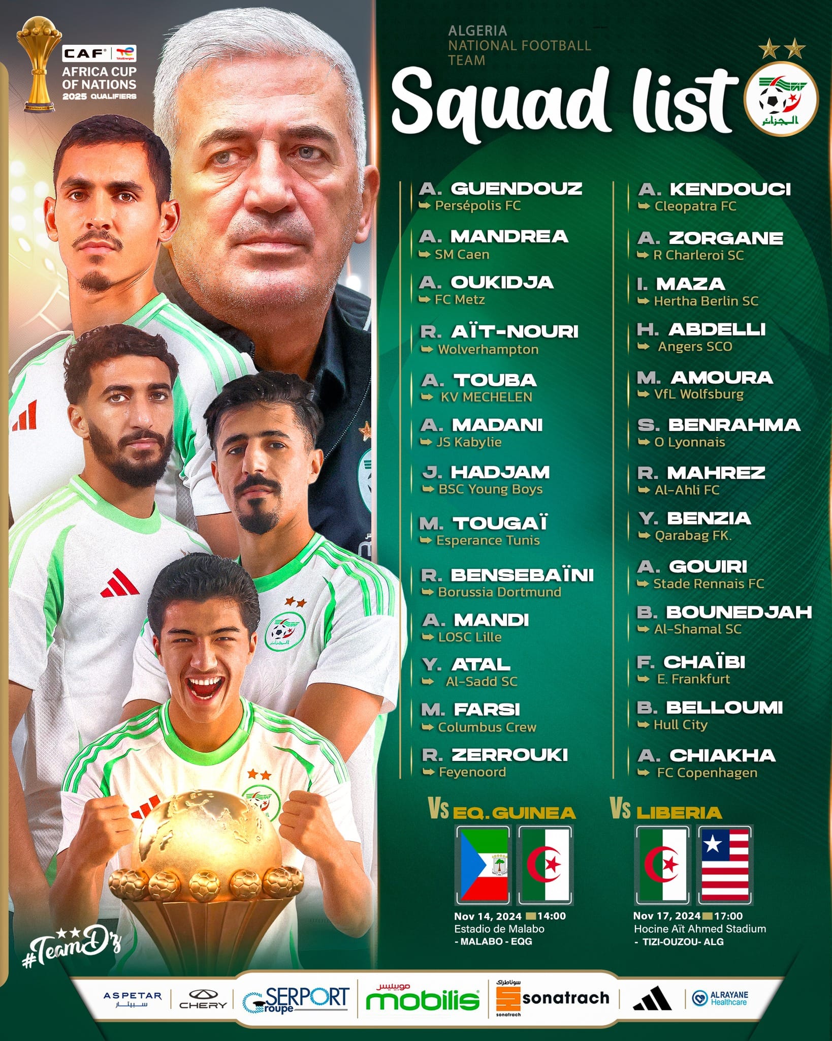 Retour de Farès Chaïbi et sélection d'Amin Chiakha : la liste des joueurs algériens pour le stage de novembre Retour de Farès Chaïbi et sélection d'Amin Chiakha : la liste de Petkovic complète pour le stage de novembre