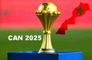 Trophée de la CAN 2025 avec carte du Maroc en arrière-plan.
