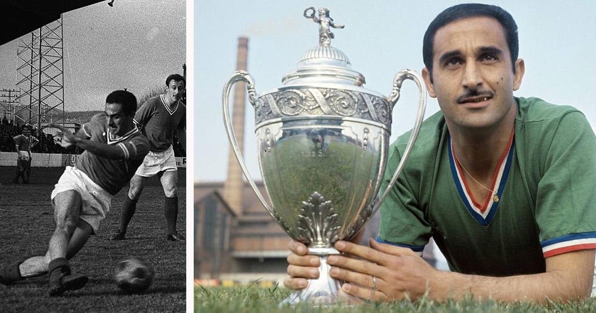 Rachid Makhloufi, légende du football Rachid Makhloufi avec un trophée de football, icône du sport algérien.