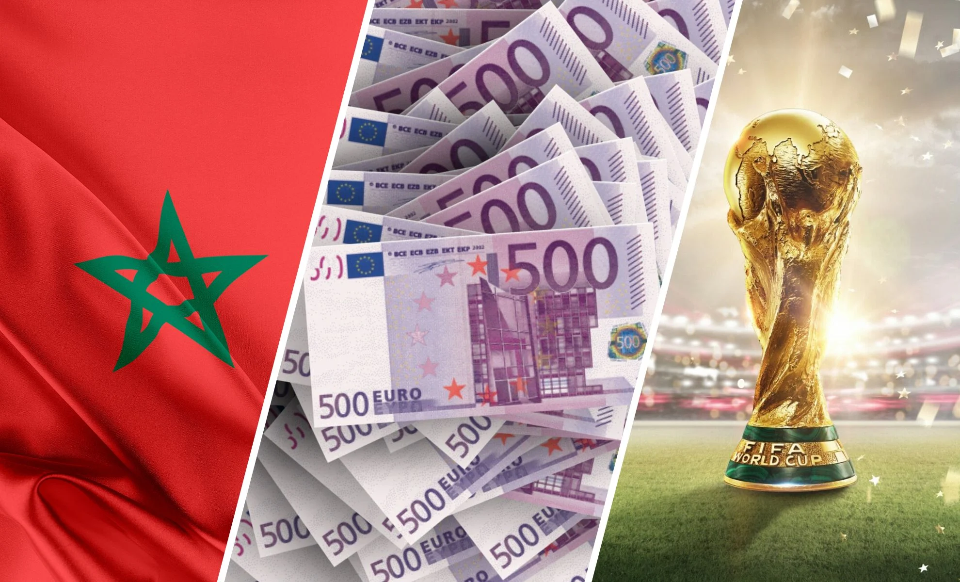Drapeau du Maroc, billets de banque et trophée de la Coupe du Monde.