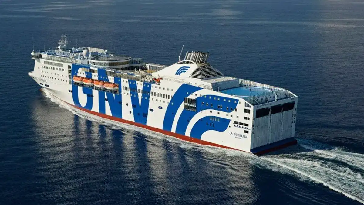 Ferry de passagers en mer avec logo GNV visible.