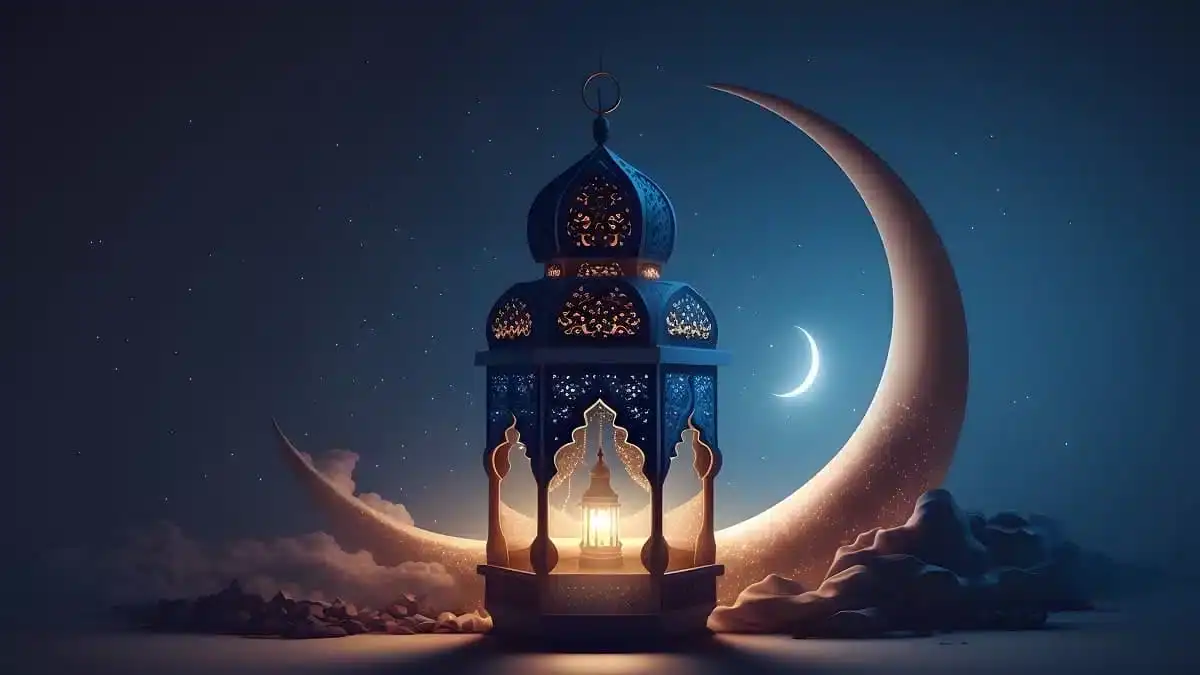 Lanterne islamique avec croissant de lune dans un ciel nocturne étoilé.