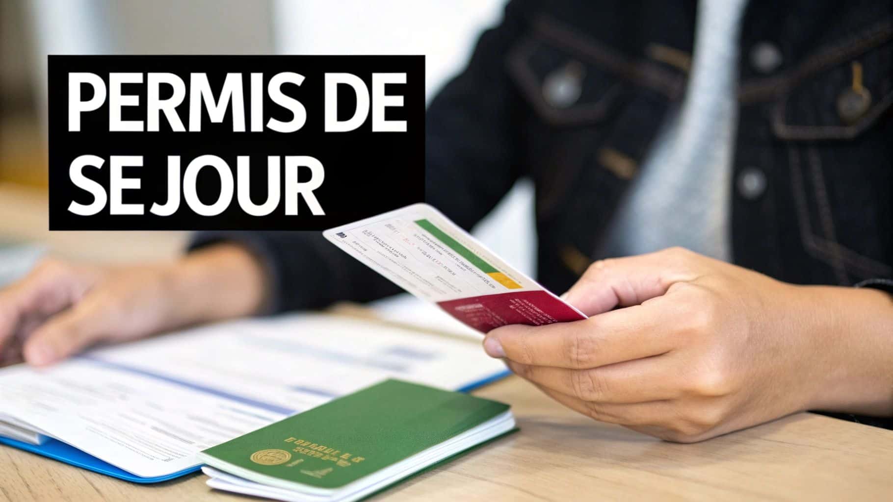 Personne tenant un permis de séjour européen avec passeport et documents.