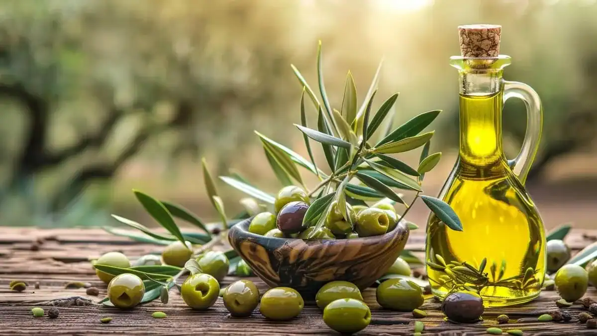Huile d'olive et olives vertes dans un décor naturel.