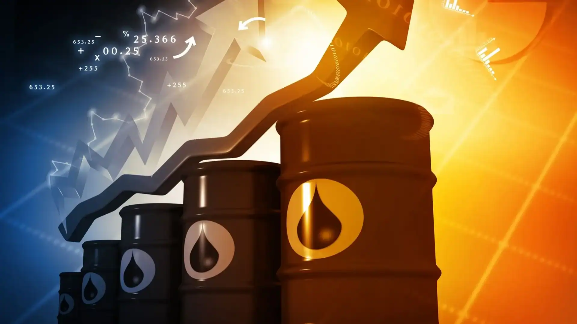 Barils de pétrole avec graphique de hausse des prix.