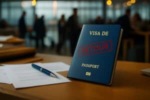 Passeport avec visa de retour sur une table d'aéroport.
