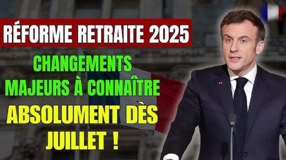Premier plan d'un homme en costume avec texte sur la réforme des retraites 2025.