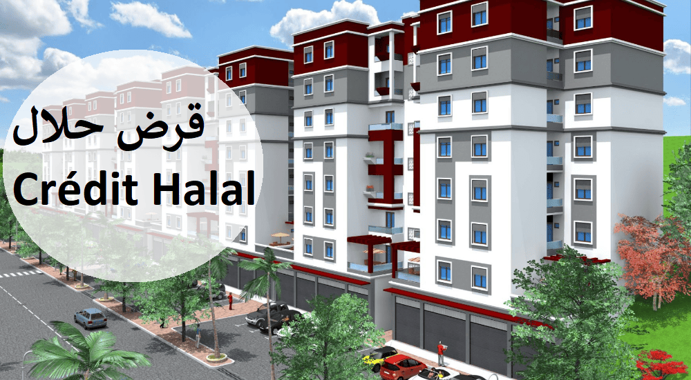 Immeuble résidentiel moderne avec logo Crédit Halal en premier plan.