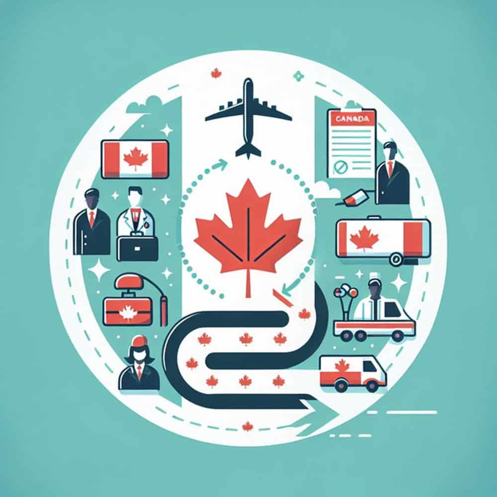 Processus d'immigration canadienne avec avion et véhicules.