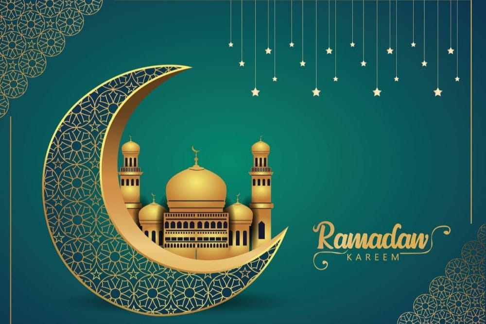 Mosquée dorée avec lune et étoiles pour Ramadan Kareem.