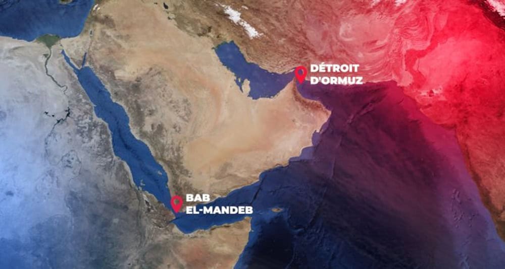Carte montrant le détroit d'Ormuz et Bab El-Mandeb en lien avec le commerce pétrolier.