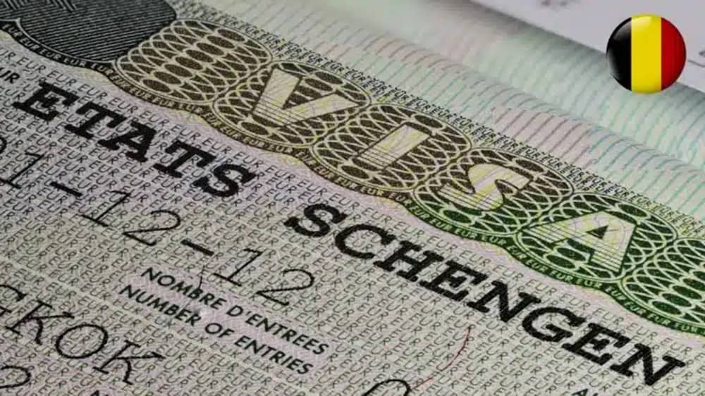 Visa Schengen belge avec détails et drapeau belge en haut à droite.