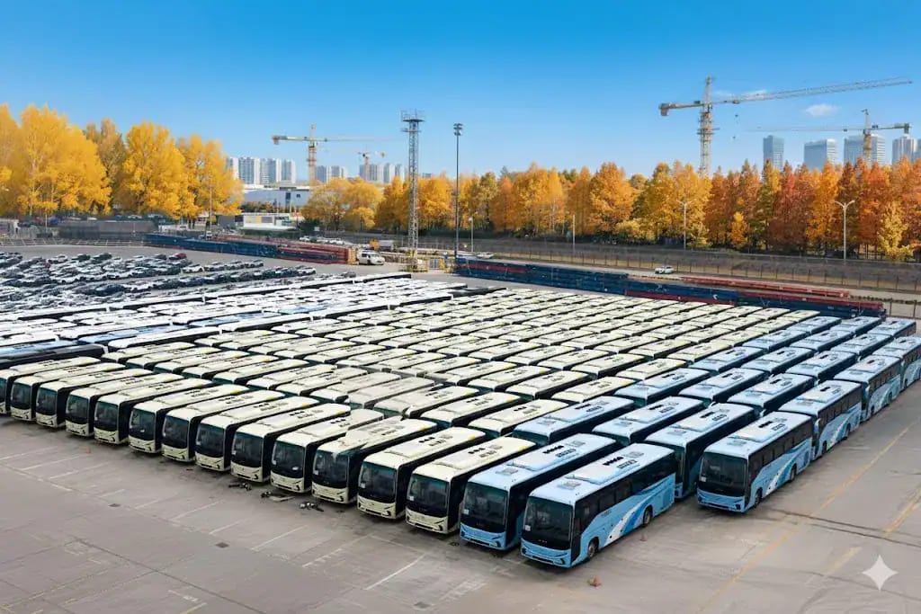Chronotachygraphe : ce qui change pour les poids lourds et bus Forte concentration de bus modernes dans un parking en plein air.