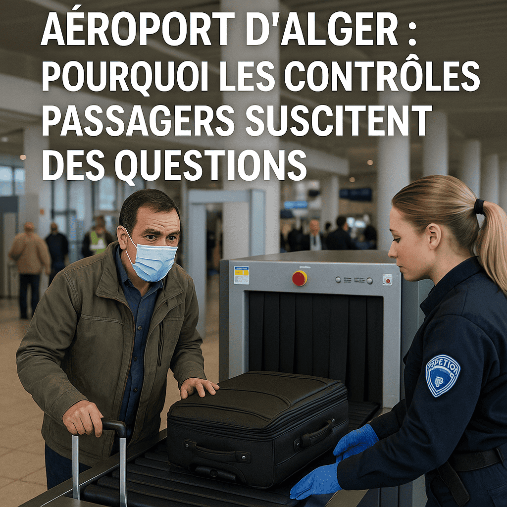 Contrôles de sécurité à l'aéroport d'Alger avec passager et agent.