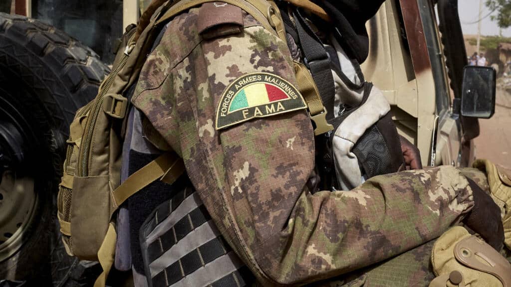 Soldat malien en uniforme camouflage avec insigne FAMA.