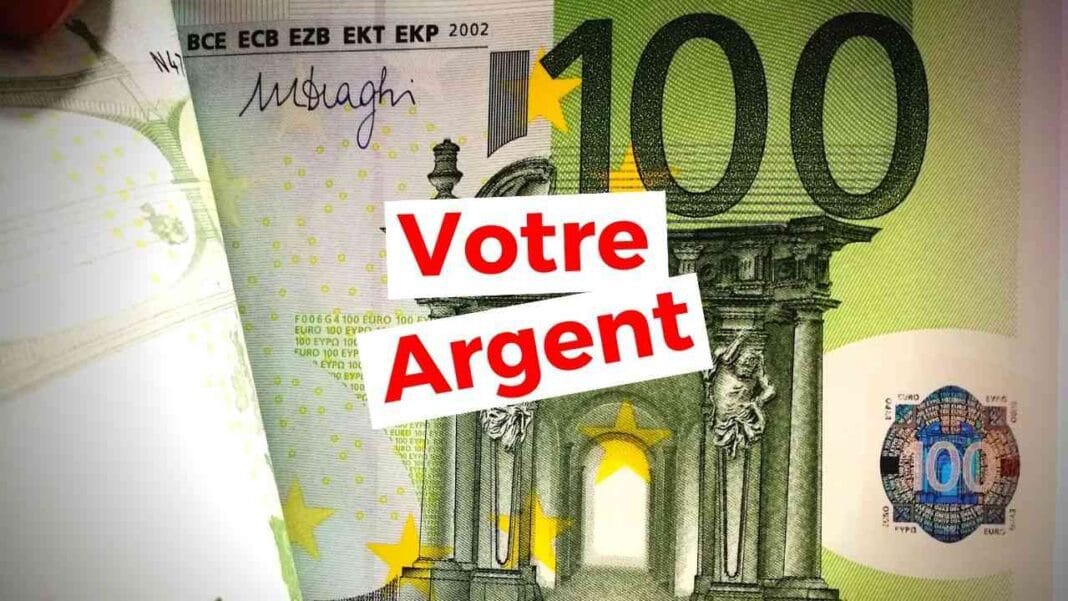 Billet de 100 euros avec texte "Votre Argent" en rouge.