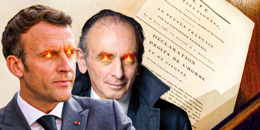 Deux hommes avec yeux en feu devant un document officiel.