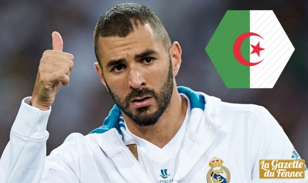 Benzema futur sélectionneur de l’Algérie ? Karim Benzema avec le drapeau algérien en arrière-plan.