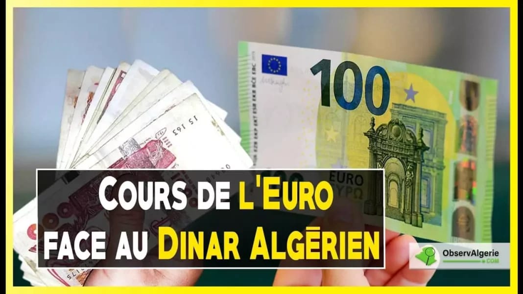 Taux de change : l’euro grimpe à 141 dinars (Banque d’Algérie) Billets d'euros et dinar algérien, taux de change en hausse.