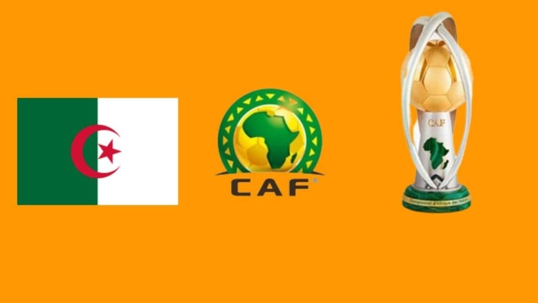 Logo de la CAF et trophée de football sur fond orange.