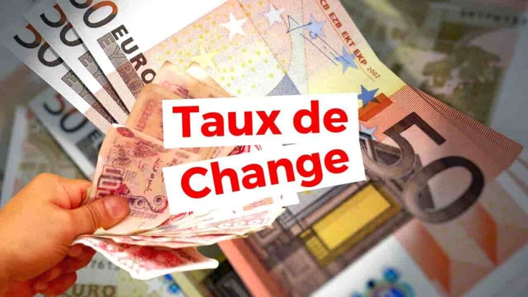 Billets de euro et dinar avec texte Taux de Change en français.