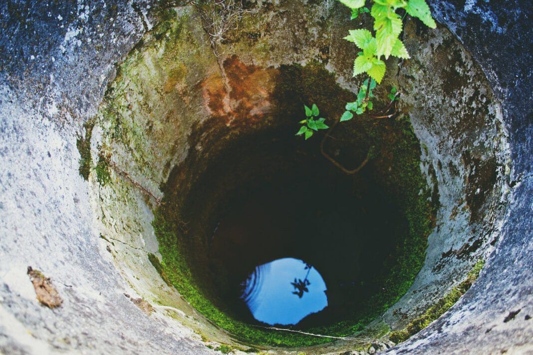 Drame à Médéa : un cadavre découvert dans un puits Puits profond avec de l'eau et végétation autour.