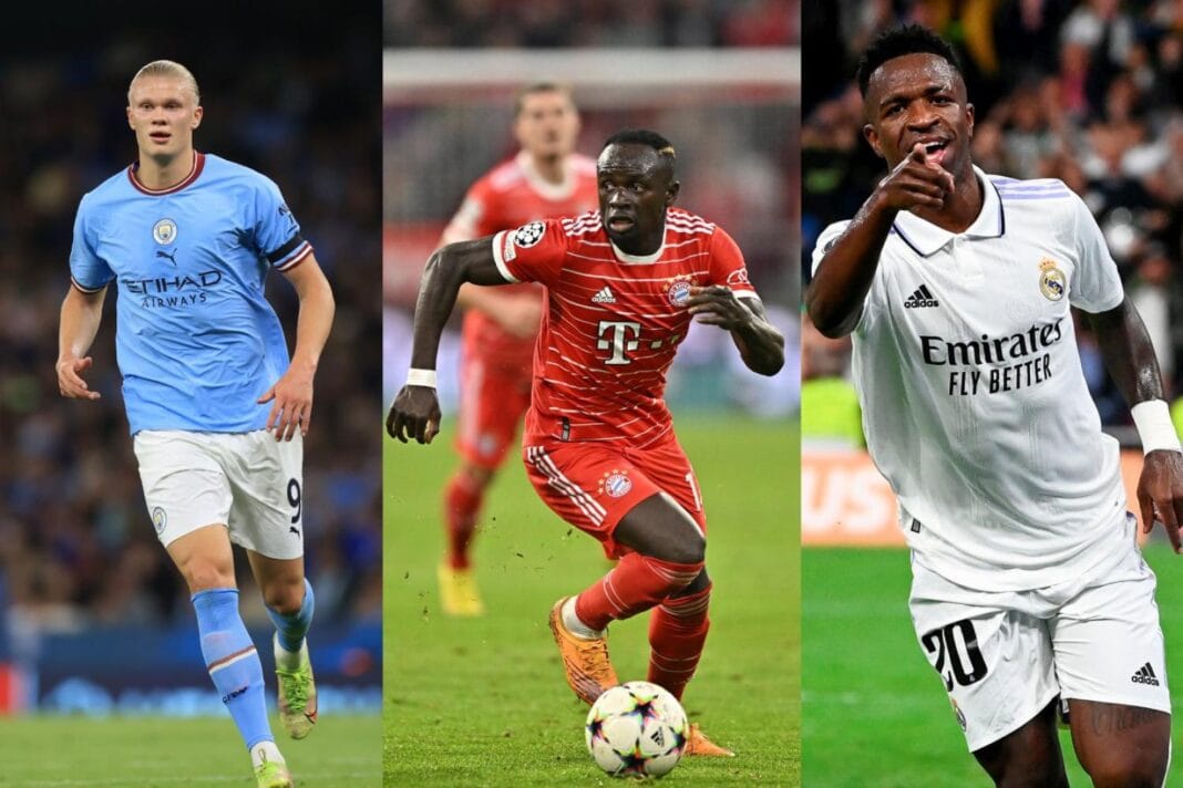Tirage au sort (8èmes de finale) de la Ligue des champions 2022-2023 en direct : Chocs PSG vs Bayern, Real de Madrid vs… Trois joueurs de football en action lors d'un match de la Ligue des champions.