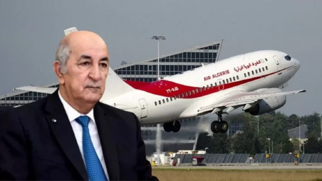 Tebboune devant un avion d'Air Algérie en atterrissage.