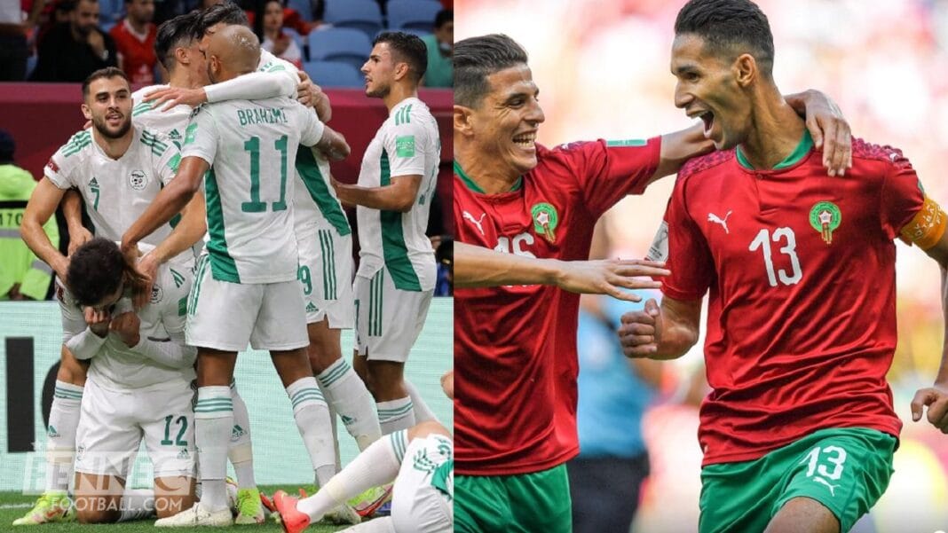 Football: le Maroc défi à nouveau l’Algérie Joueurs marocains et algériens célébrant un match de football.