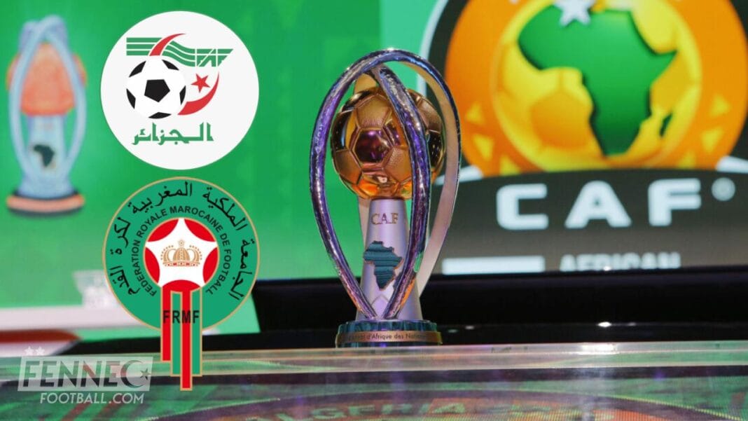 Maroc contre l’Algérie : le bras de fer continue et la CAF ouvre une enquête Trophée de la CAN 2023 avec logos de l'Algérie et du Maroc.