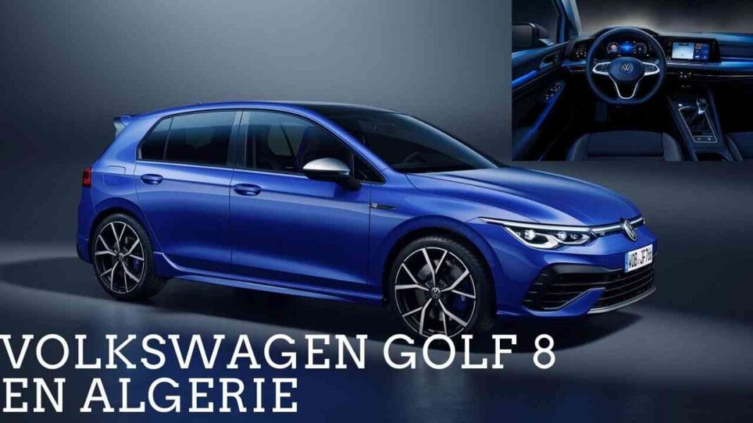 Golf 8 (Volkswagen) en Algérie : Découvrez le prix et les caractéristiques. Prêts ? Embarquons. Voiture Volkswagen Golf 8 bleue avec intérieur moderne visible.