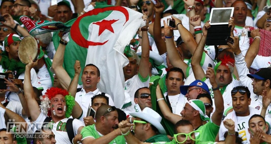 Supporters algériens avec drapeaux et accessoires lors d'un match.