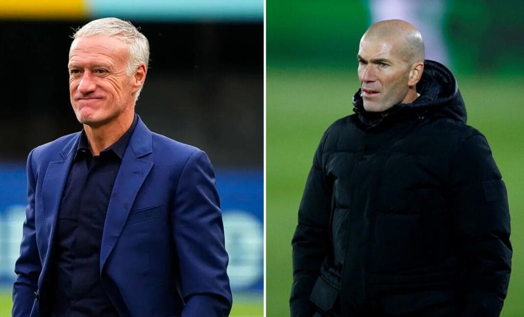 Zinedine Zidane évoque la possibilité de prendre la tête de l’équipe de France Zidane et Deschamps lors d'une rencontre sportive.