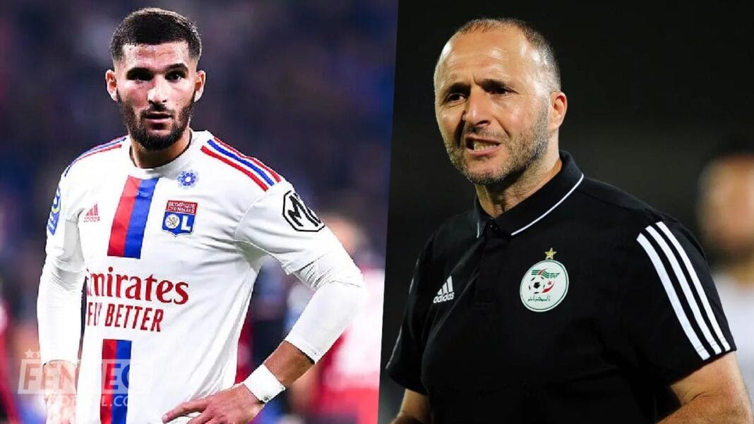Equipe d’Algérie : Houssem Aouar fait sortir Djamel Belmadi de son gong pour cette raison! Houssem Aouar et Djamel Belmadi lors d'un match de football.