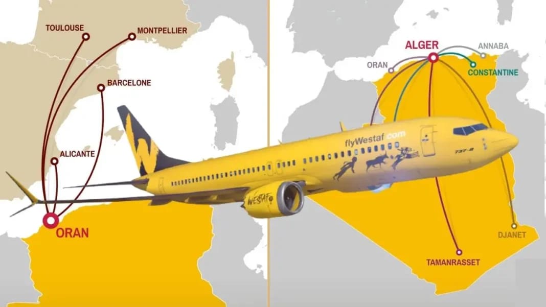 Désillusion totale! La compagnie aérienne low-cost Fly Westaf vient de convertir à néant son projet pour l’Algérie Avion FlyWestaf sur fond de carte de l'Algérie et de l'Europe.