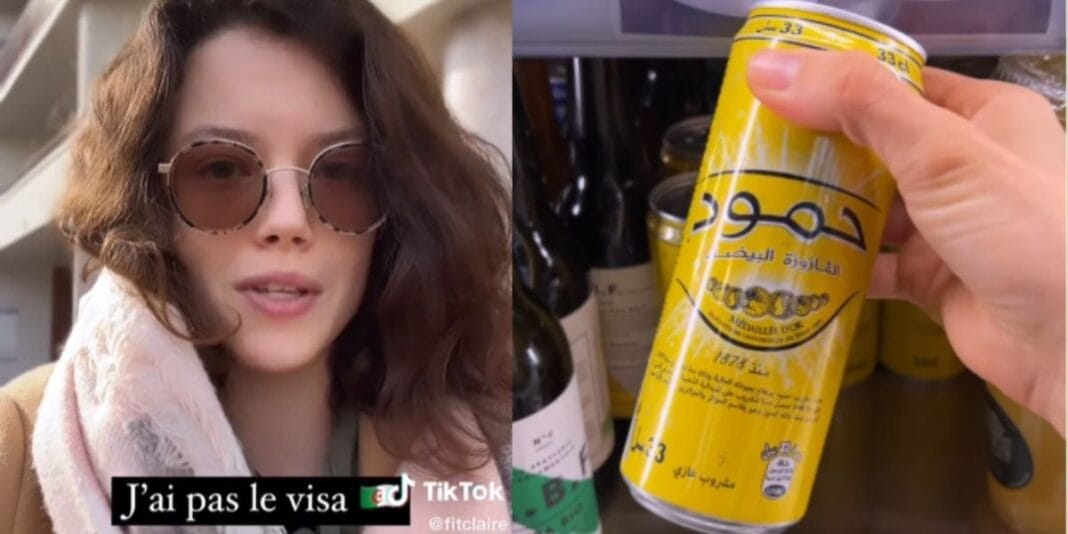 Jeune femme avec lunettes et boisson énergisante en main.