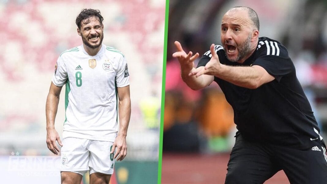 Youcef Belaïli et Djamel Belmadi lors d'un match de football intense.