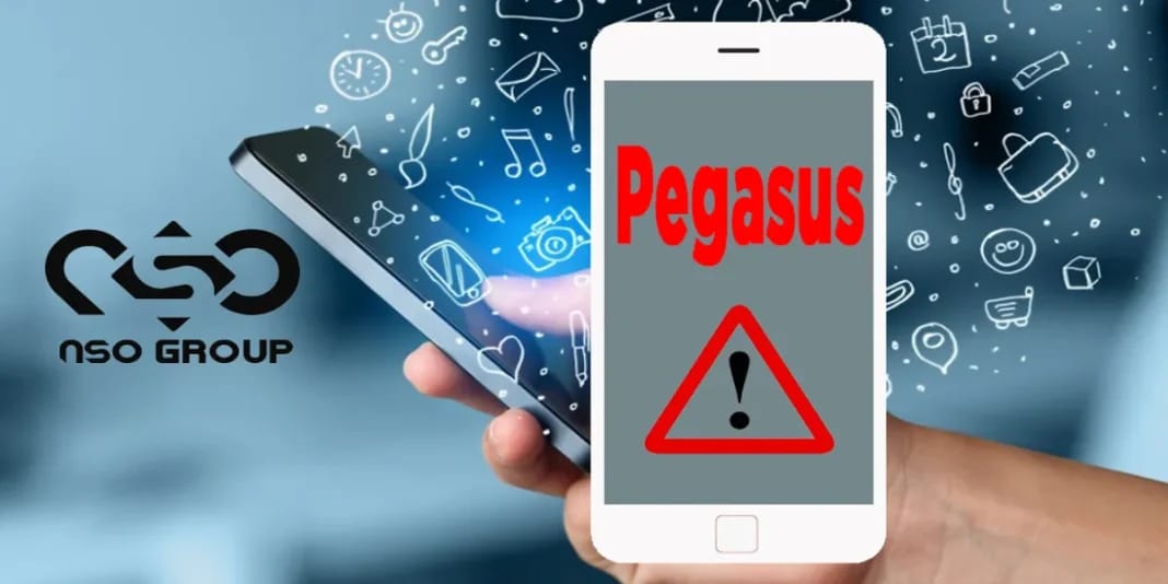 Alerte Pegasus sur smartphone avec icônes numériques en arrière-plan.