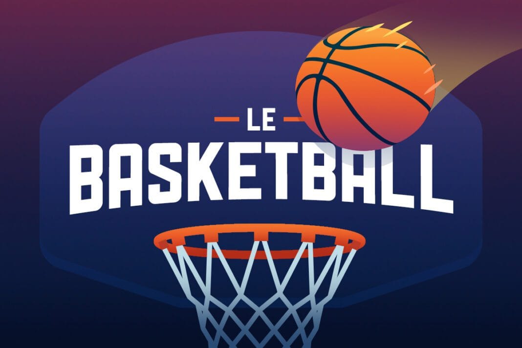 Logo de basketball avec ballon et panier pour le sport.